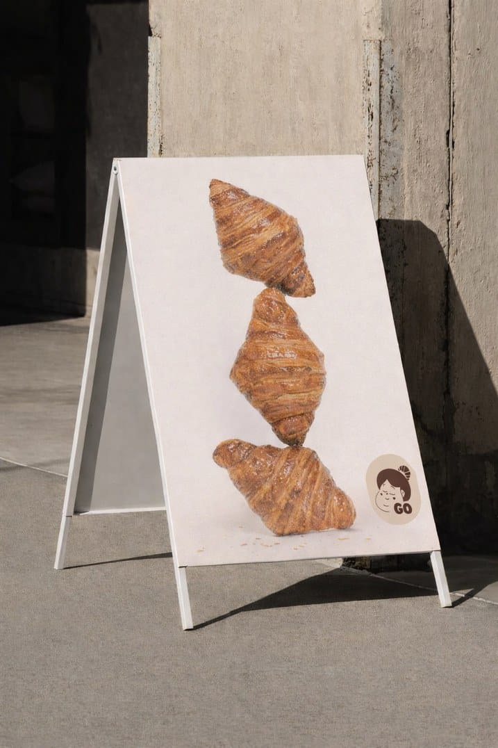 Mockup: a street A-board with three stacked croissants and the GO mark