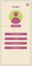 App screen: profile with photo, user name, email, password and settings
