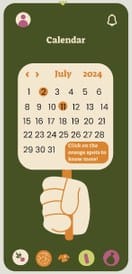 App screen: calendar for July 2024 with highlighted event days