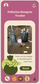 App screen: pollution hotspots tracker with a photo upload and Send button