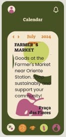App screen: calendar event card for a farmer's market near Oriente station