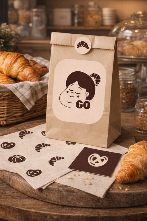 Mockup: a kraft paper bag with the GO sticker on a bakery counter beside patterned napkins