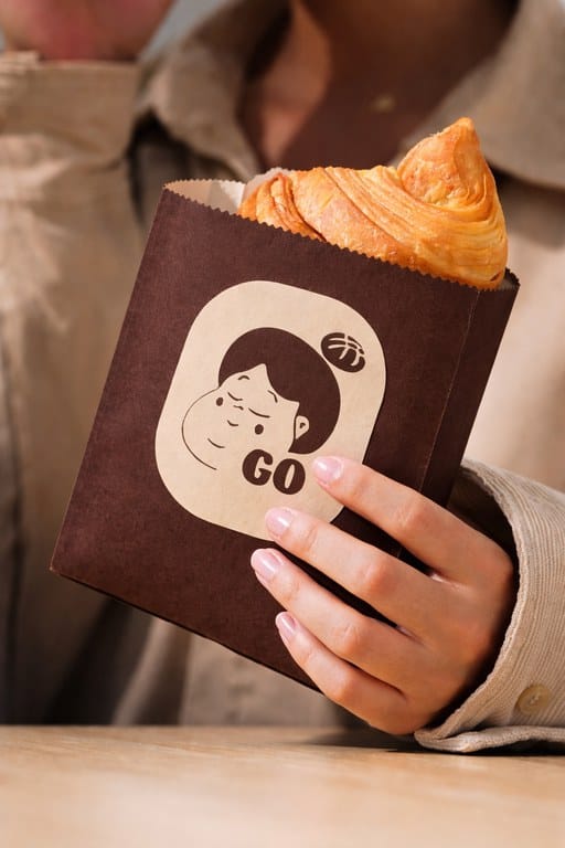 Mockup: a hand holding a dark brown pastry bag with a croissant