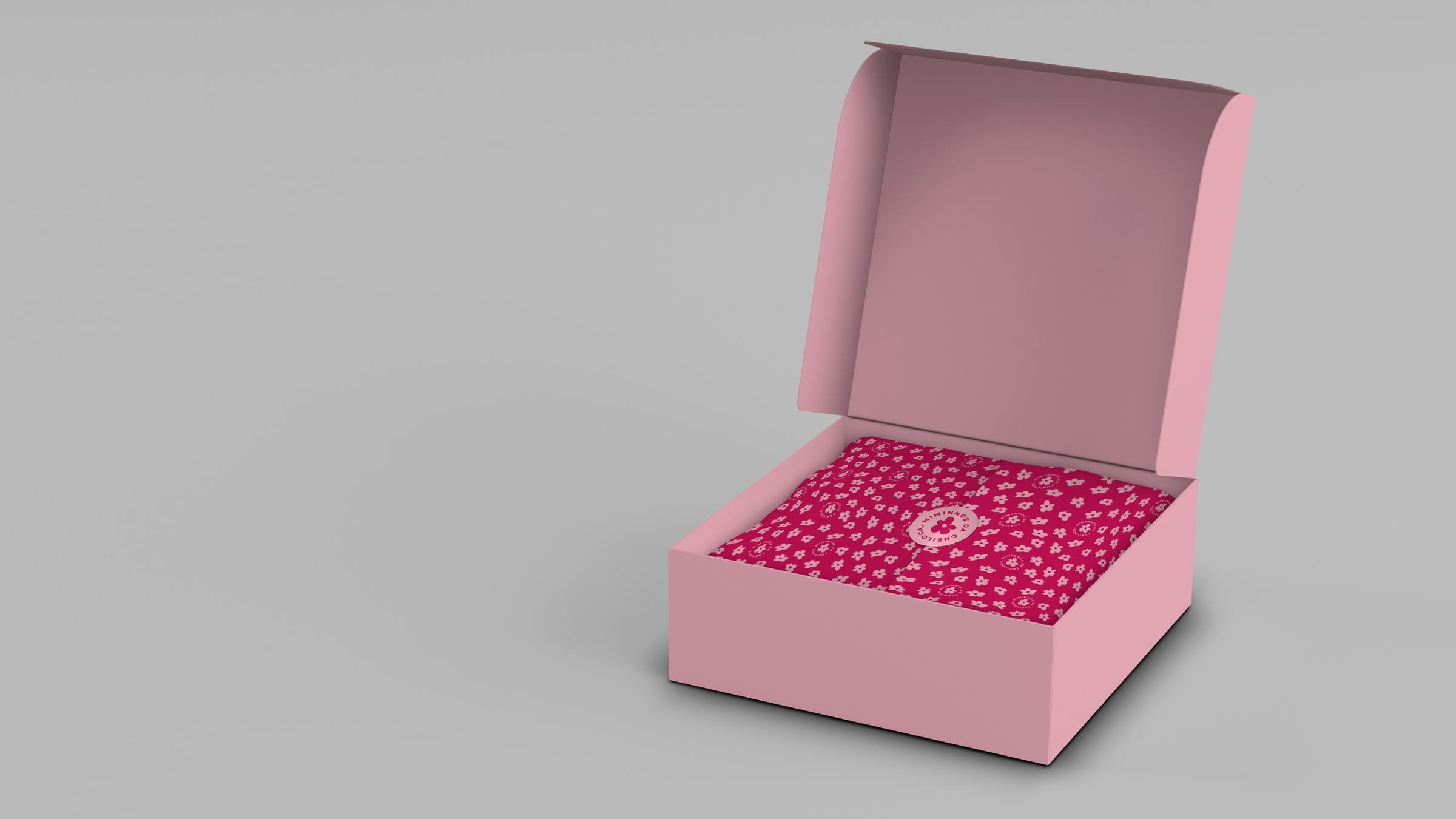 Open pink gift box lined with the flower pattern
