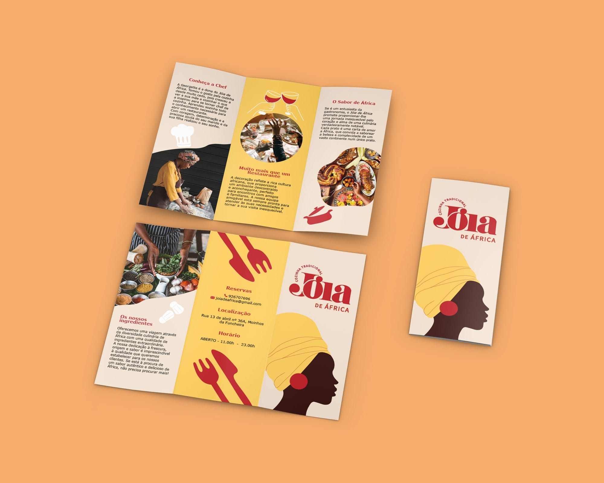 Tri-fold brochure with food photography and the illustrated profile