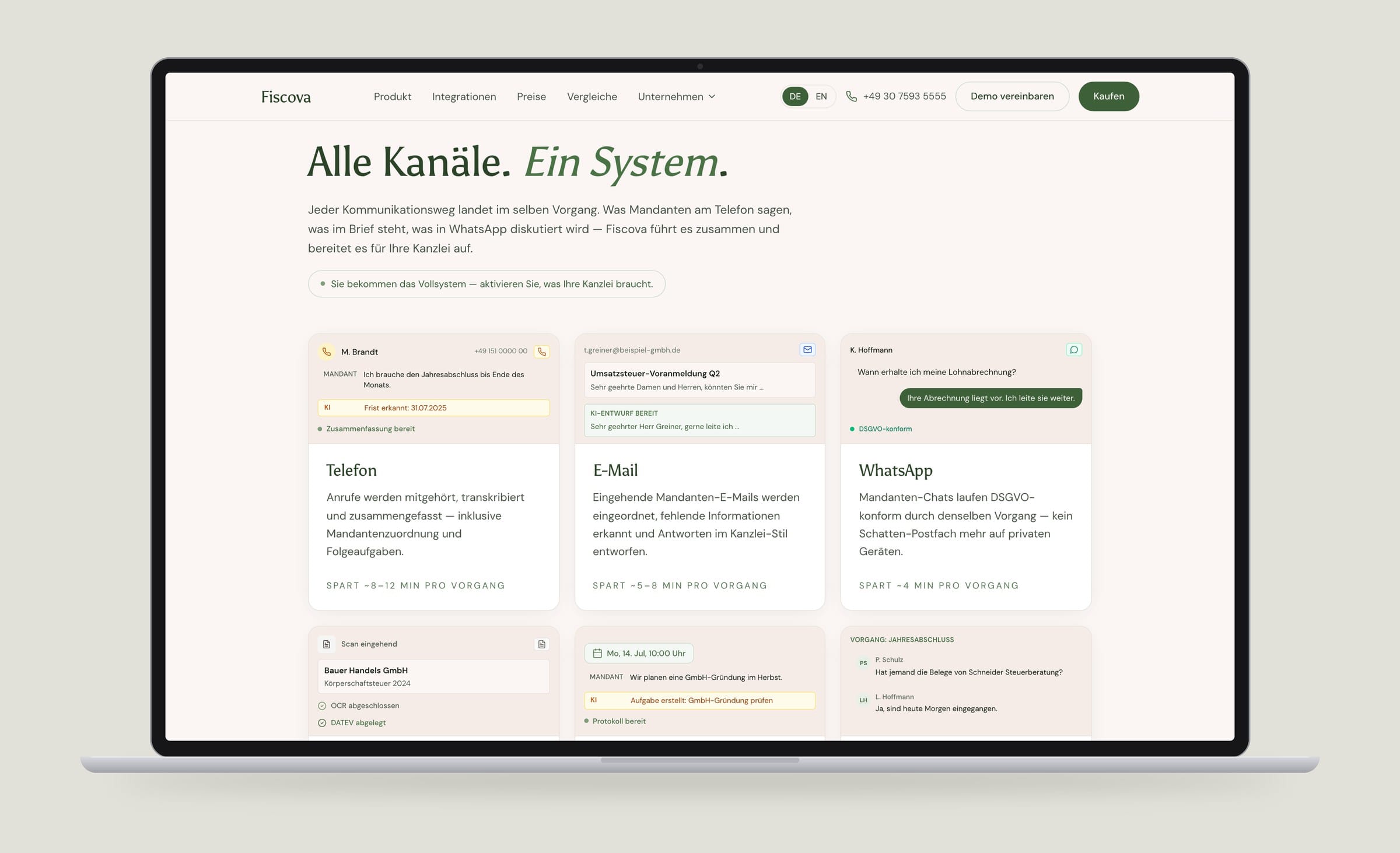 Section “Alle Kanäle. Ein System.” with six cards for phone, email, WhatsApp, letters, meetings and team chat, each topped by a small interface preview