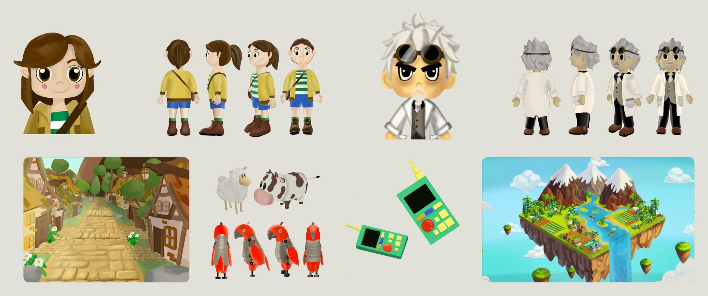Character concepts and props: a girl with a backpack, a group of kids, a scientist, farm animals, a handheld device and a floating island