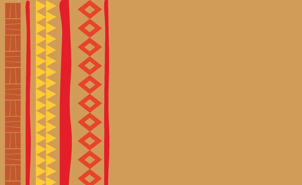 Graphic element: vertical band of red and yellow geometric pattern on ochre