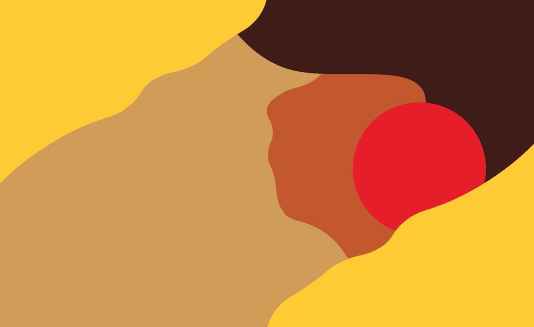 Graphic element: abstract profile of a woman in brown, ochre and red on yellow