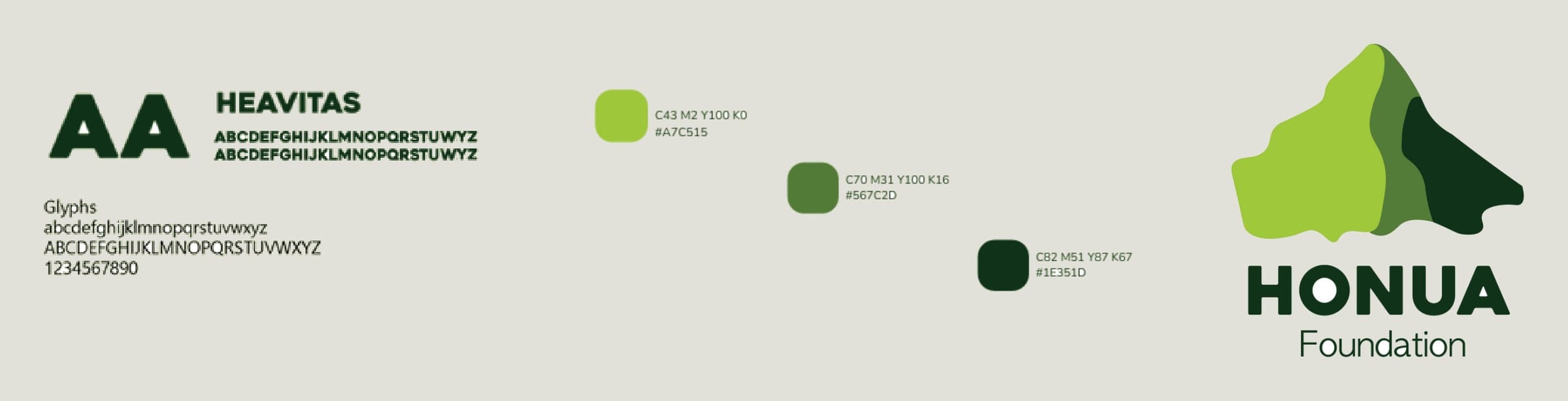 Honua Foundation identity: Heavitas typeface specimen, three greens and a mountain logo