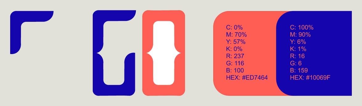 The modular corner component, the GO logo built from it, and a coral and deep blue colour palette