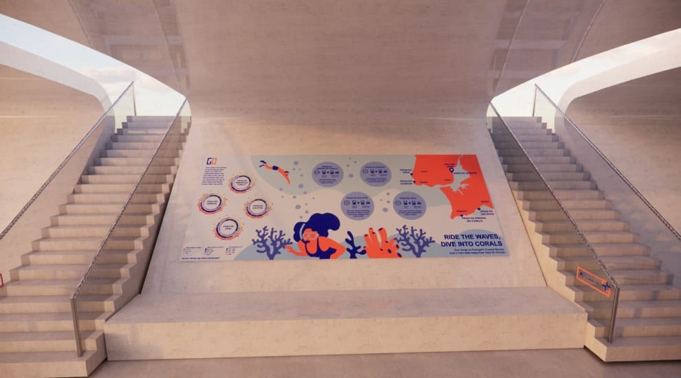 Render of the infographic installed on the floor between two staircases