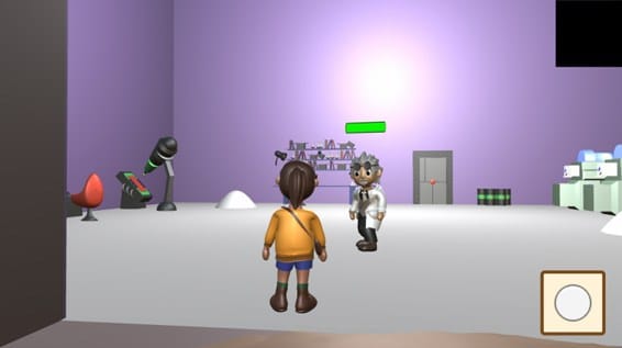 In-game view of a lab interior with a scientist and the player character