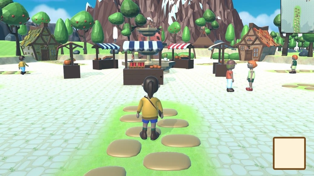 Kailani Island in-game view: a character walks along stepping stones towards a village market under green mountains