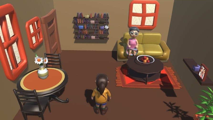 In-game view from above of a cosy room with a round table and sofa