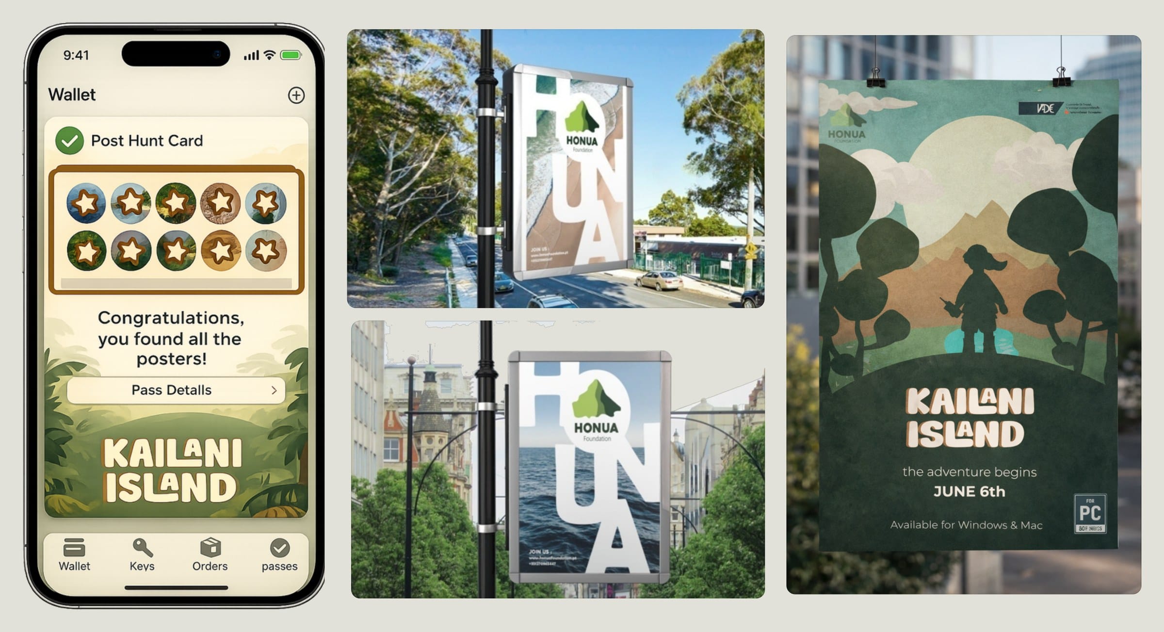 Launch campaign concept: a digital wallet pass, Honua banners on street poles and a Kailani Island poster