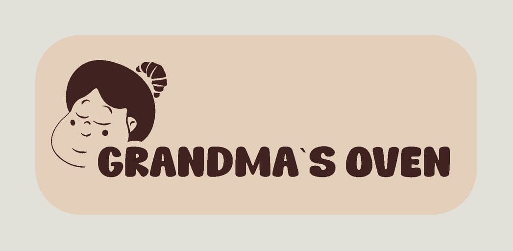 Grandma’s Oven logo: an illustrated grandmother with a bread-roll bun beside the wordmark, dark brown on cream