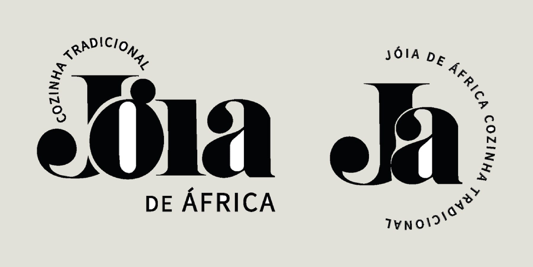 Jóia de África primary logo with Cozinha Tradicional lettering, beside the circular Ja mark, in black