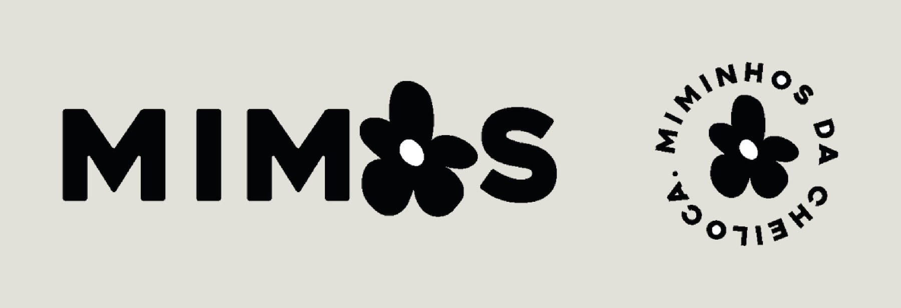 Mimos wordmark with a flower in place of the O, beside the circular Miminhos da Cheiloca mark, in black