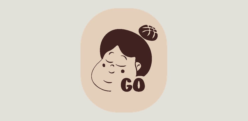 Compact GO mark: the illustrated grandmother above the letters GO, dark brown on cream