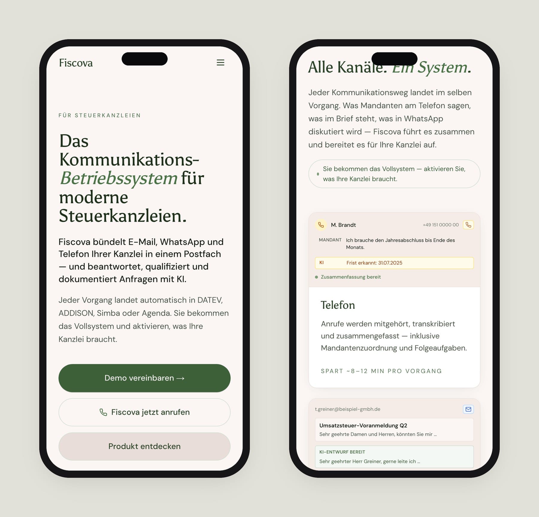 Two phone screens of the Fiscova landing page: the hero with stacked buttons, and the channels section with the phone and email cards