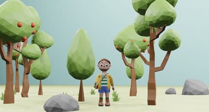 3D model: low-poly trees and a character in a clearing