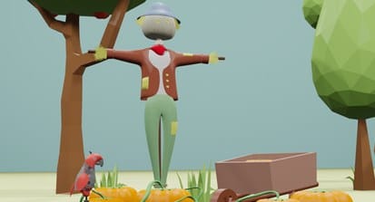 3D model: a scarecrow with a parrot, pumpkins and a cart