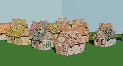 3D model: a cluster of village houses on a green base