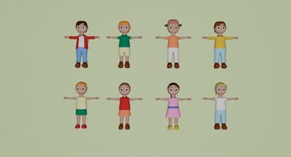 3D model: a lineup of eight characters in T-pose