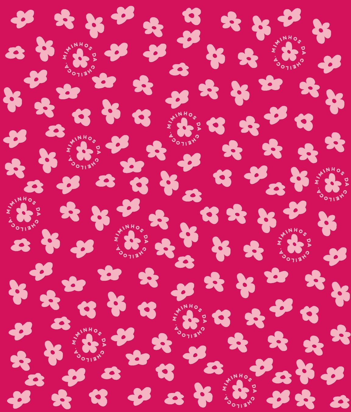 Repeat pattern of light pink flowers and circular marks on magenta