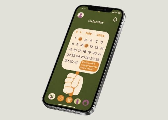 Phone mockup showing the app's calendar screen