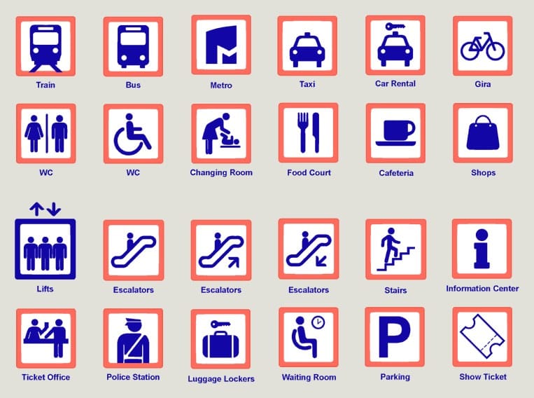 Grid of 24 identification pictograms in blue inside coral frames: train, bus, metro, taxi, WC, lifts, escalators, parking and more