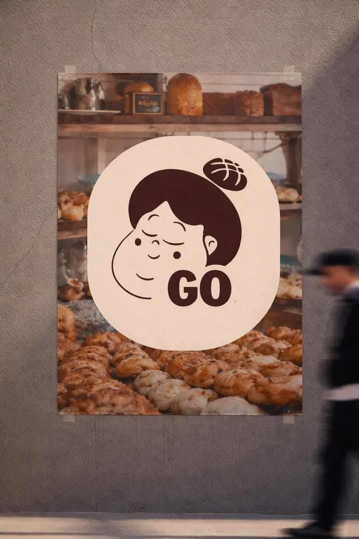 Mockup: a poster with the GO mark over a photo of bakery shelves