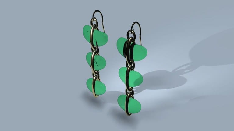 3D render: drop earrings with stacked green leaf-shaped pieces