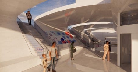 Render: stairs and walkway inside the station with the ocean infographic on the wall