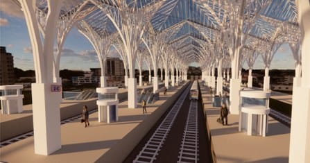 Render: the platform level under the station's white tree-like canopy