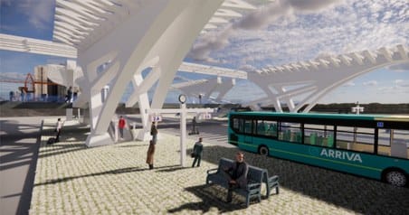 Render: the bus terminal beside the station with a green bus