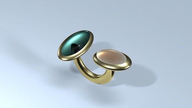 3D render: a double ring with a teal stone and a pale pink stone