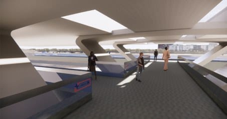 Render: a covered concourse with passengers and directional signs