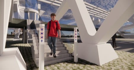 Render: a passenger next to a level sign at the foot of the stairs