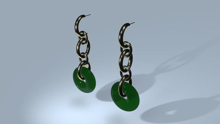 3D render: chain earrings with round green pendants