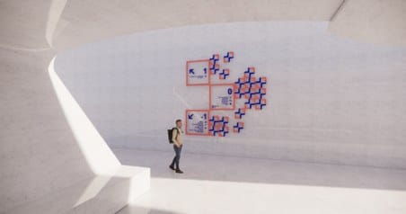 Render: level signs and the modular pattern on a white wall
