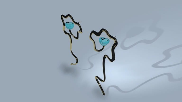 3D render: wavy black earrings with turquoise gems