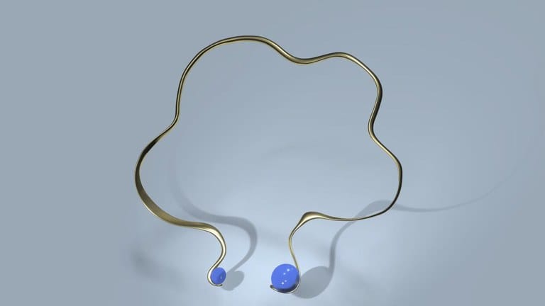 3D render: a wavy gold collar ending in two blue beads