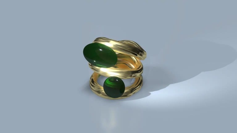 3D render: a layered gold ring set with two green stones