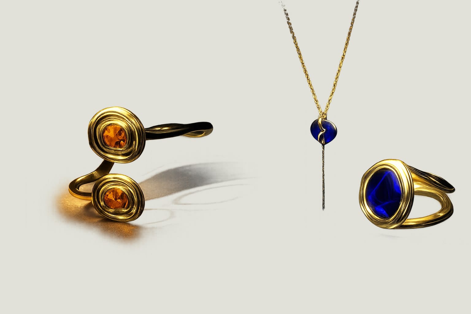 3D render: a gold ring with two spiral settings and orange gems, a fine necklace with a blue drop and a gold ring with a blue stone