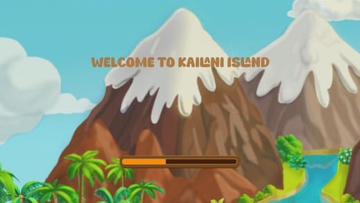 Loading screen: Welcome to Kailani Island over a snowy mountain with a progress bar