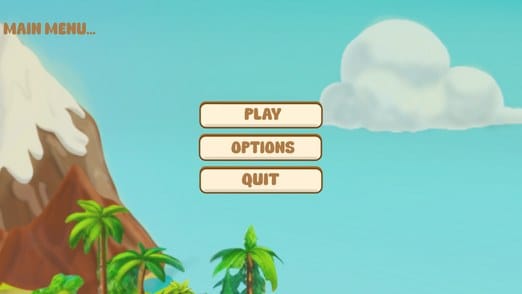 Main menu with Play, Options and Quit buttons in front of a mountain