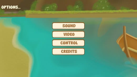 Options menu: Sound, Video, Control and Credits over a turquoise bay