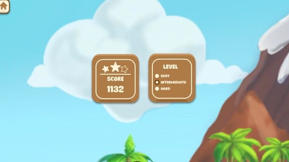 Score and level panels over a sky with clouds